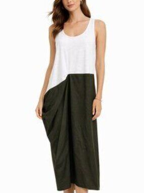 NWT ZARA White & Green Asymmetrical Colorblock Draped Midi Dress Sz S
